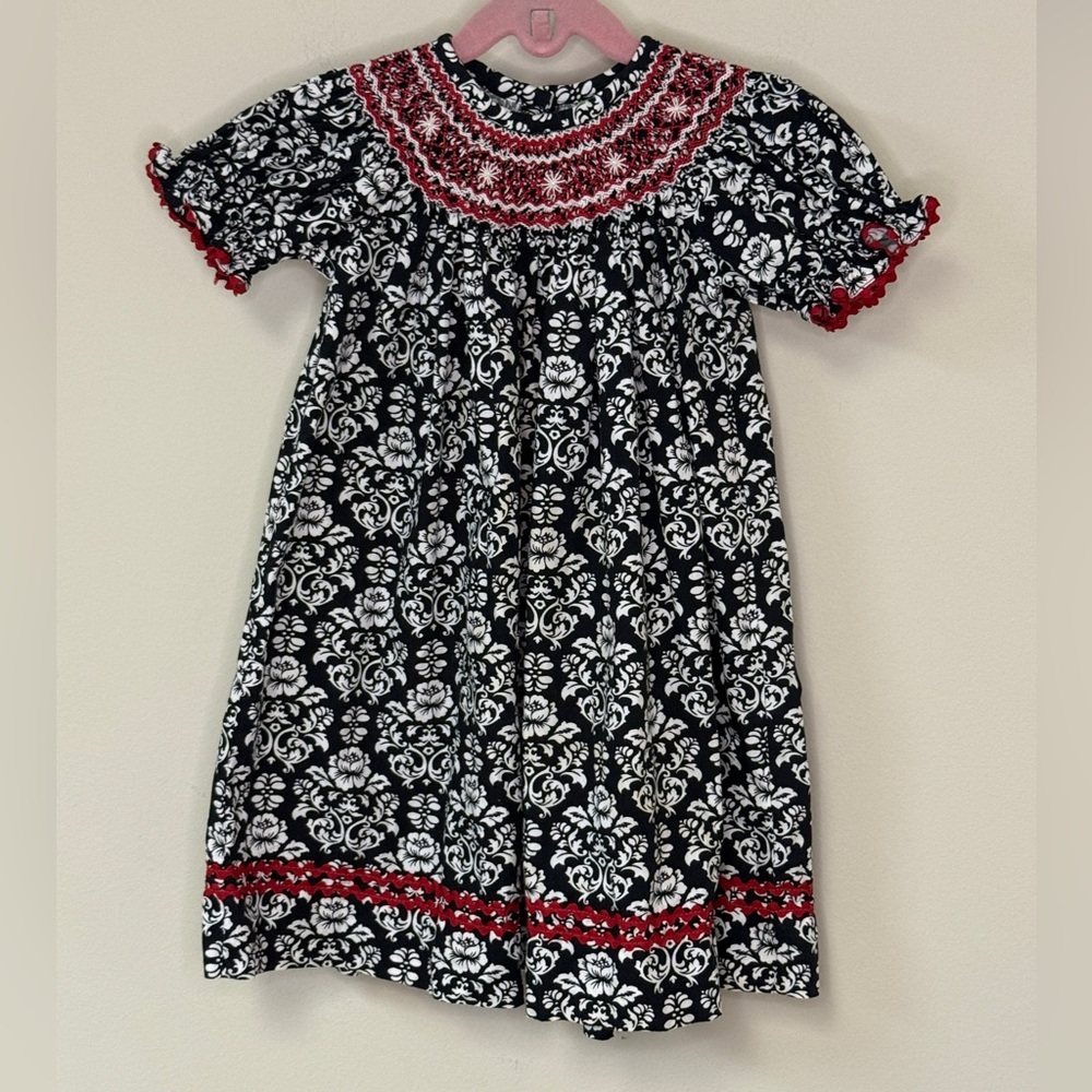 StellyBelly: Girls Smocked Red / White / Black Bishop Dress, Size 2T